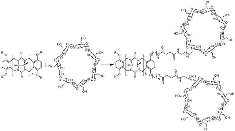 Reaction scheme showing the esterification synthesis of the dual-host compound from halogen-modified cucurbituril and carboxyl-modified cyclodextrin