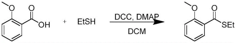 Comparative Example 1 reaction scheme showing complex thioester route with low yield