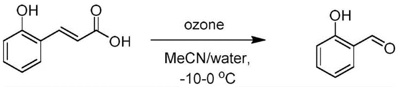 Step A reaction mechanism showing ozonolysis of o-hydroxytrans-cinnamic acid to salicylaldehyde