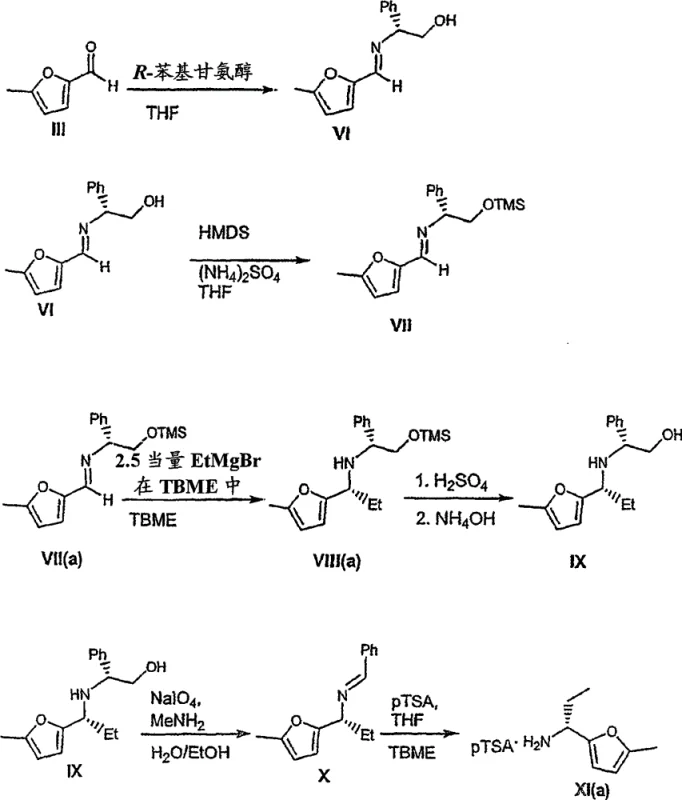 Detailed synthesis of the chiral furan amine intermediate via imine formation and Grignard addition