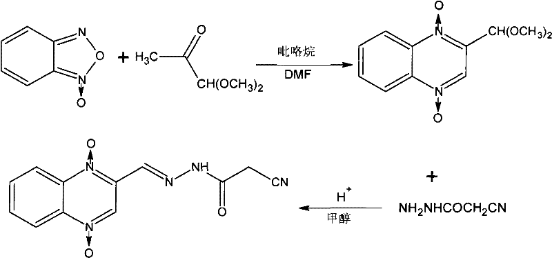 Reaction scheme showing the two-step synthesis from benzofuroxan to the final hydrazone product