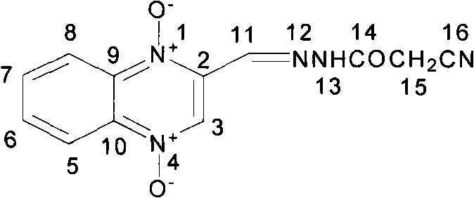 Chemical structure of 2-formylcyanoacetylhydrazone-quinoxaline-1,4-dioxide with atomic numbering