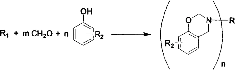 General reaction scheme for cyano-containing benzoxazine intermediate synthesis using primary amines and cyano-phenols