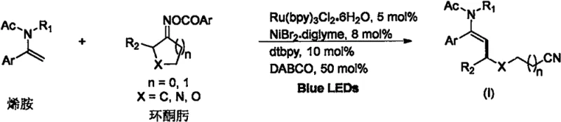 General reaction scheme for the synthesis of cyano-substituted enamines using Ru/Ni dual catalysis under blue LED irradiation