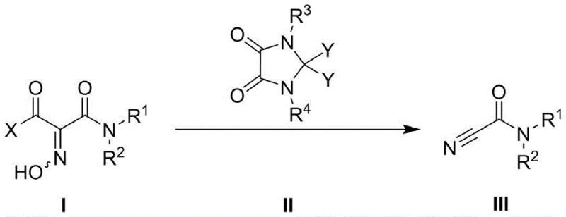 General reaction scheme showing the conversion of 1-acyl-1-carbamoyl oxime to cyano-formamide using 2,2-dihaloimidazolidinedione