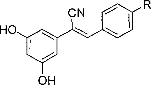 General chemical structure of cyano-substituted resveratrol derivatives showing variable R groups