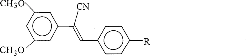 General structure and reaction scheme for 1-cyano-1-(3,5-dimethoxyphenyl)-2-(4-R-phenyl)ethylene synthesis