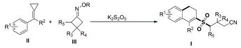 General reaction scheme showing the synthesis of 2-cyanoalkylsulfonyl 3,4-dihydronaphthalene from MCPs and oxime esters using K2S2O5 and visible light