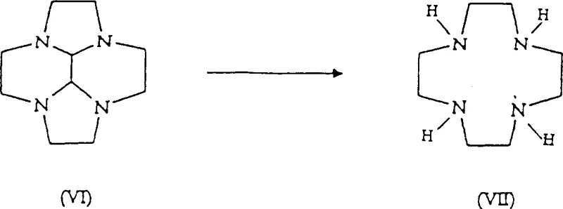 Reaction scheme converting intermediate (VI) to final tetraazamacrocycle (VII)