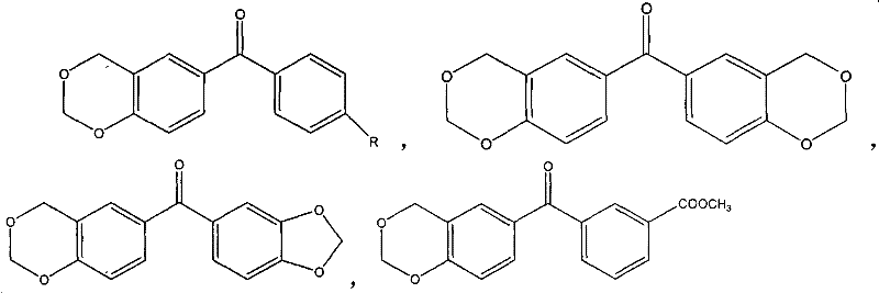 General chemical structure of cyclic acetal-containing benzophenone photoinitiators showing variable R groups