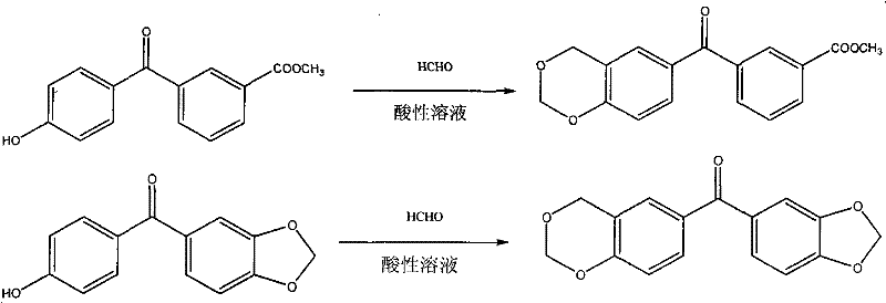 Reaction scheme showing the acid-catalyzed condensation of hydroxybenzophenone with formaldehyde to form cyclic acetal photoinitiators
