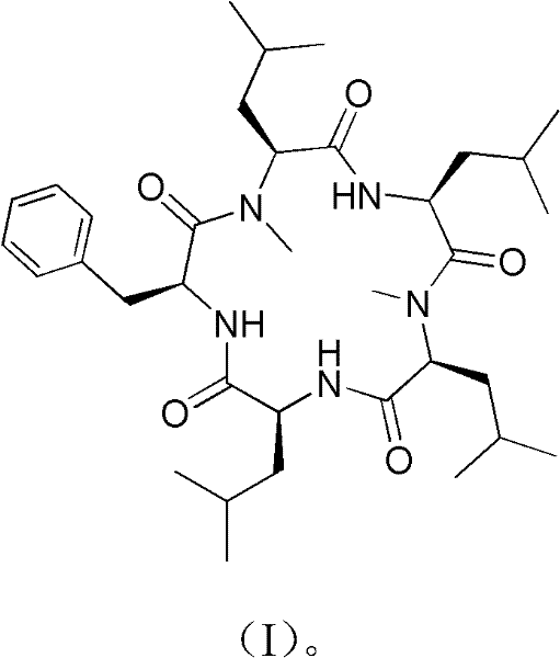 Chemical structure of Cyclo(phenylalanyl-N-methylleucyl-leucyl-N-methylleucyl-leucyl) showing the cyclic pentapeptide backbone