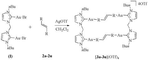 Synthesis of rectangular gold carbene intermediate from binuclear gold complex and olefin ligands