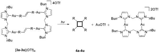 Photochemical conversion of gold carbene template to cyclobutane derivative via 2+2 cycloaddition