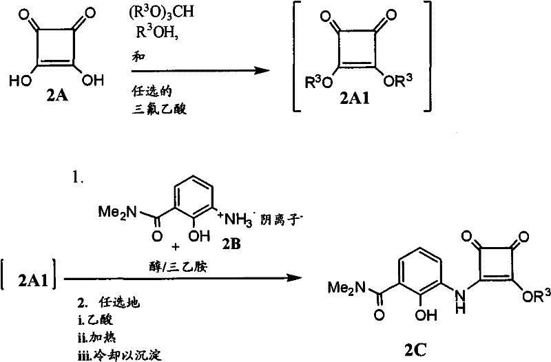Scheme VI showing in situ formation of dialkyl squarylate and coupling with amino-hydroxybenzamide salt