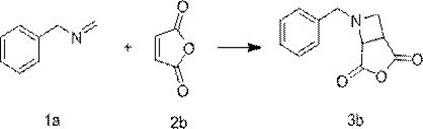 Specific reaction example 1 showing imine 1a and olefin 2a reacting with benzophenone to yield product 3a with 69% yield