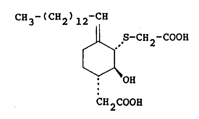 Chemical structure of 3-[(carboxymethyl)thio]-2-hydroxy-4-tetradecylenecyclohexaneacetic acid example