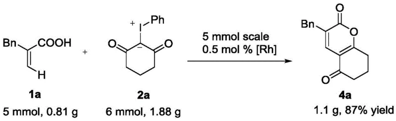 Gram-scale reaction demonstration showing 5 mmol scale synthesis with reduced catalyst loading