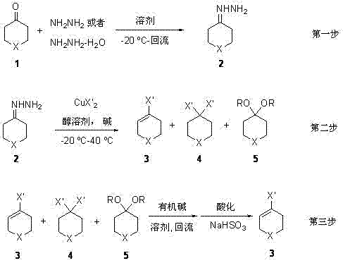 Three-step synthesis route showing hydrazone formation, copper oxidation, and elimination