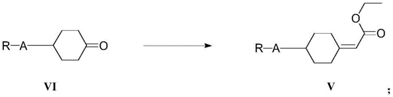 Wittig-Horner reaction converting substituted cyclohexyl ketone VI to unsaturated ester V