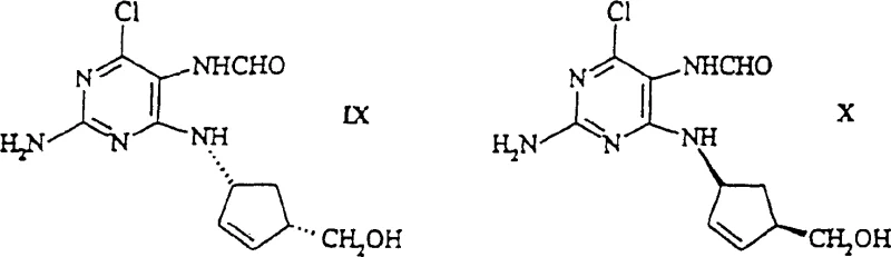 Intermediate structures IX and X showing the coupled pyrimidine-cyclopentene framework before final cyclization