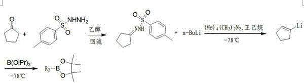 Prior art synthetic route for cyclohexenyl pinacol borate showing limitations in reagent cost and complexity