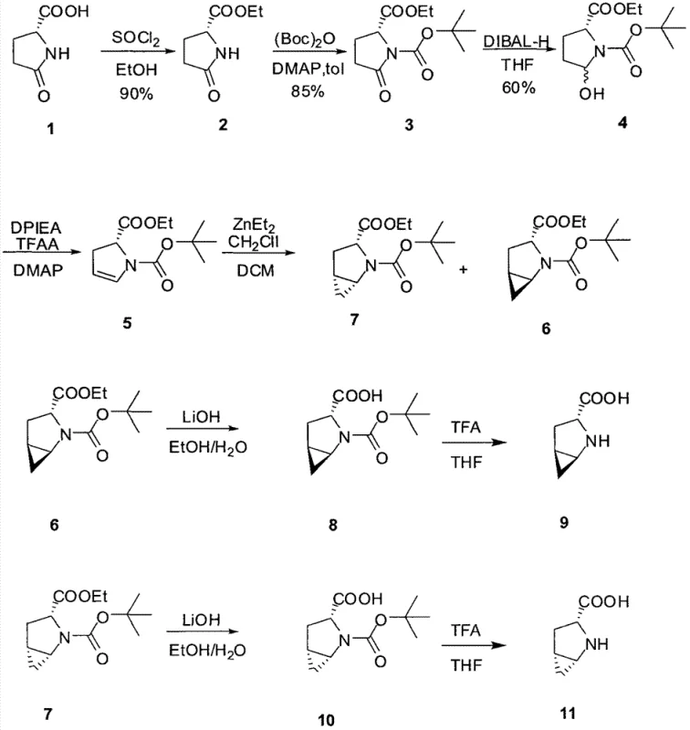 Complete 7-step synthetic route from R-pyroglutamic acid to cyclopropane proline derivatives