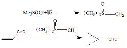 Reaction mechanism showing the formation of oxysulfur ylide and subsequent Corey-Chaykovsky cyclopropanation of acrolein to yield cyclopropyl formaldehyde
