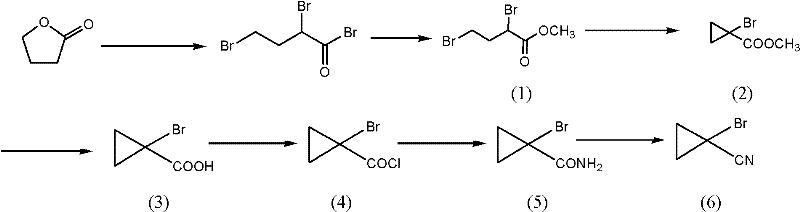 Reaction scheme for the synthesis of 1-bromocyclopropyl methyl cyanide from gamma-butyrolactone