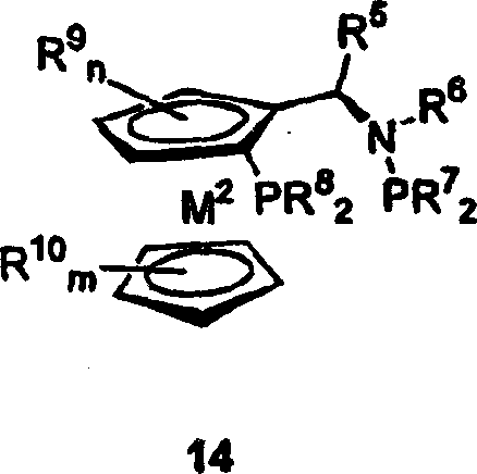 Structure of novel chiral bisphosphine ligands including phosphinometallocene-aminophosphines (Formula 14)