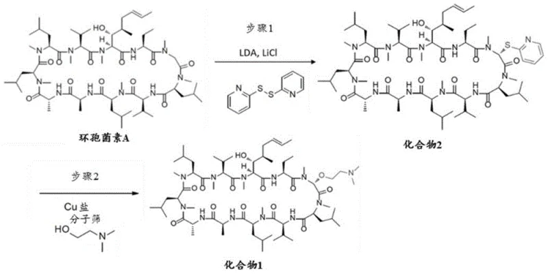 Two-step synthesis route from Cyclosporin A to Compound 1 via thiopyridyl intermediate