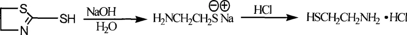 Reaction scheme showing the alkaline hydrolysis pathway from ethanolamine to cysteamine hydrochloride via alpha-mercaptothiazoline intermediate