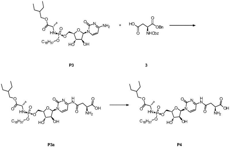 Synthetic route for Cytarabine Analog P4 showing coupling and hydrogenation steps