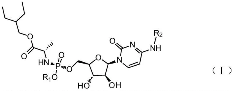 General structural formula of cytarabine phosphoramidate analogs showing the lipophilic ester and amino acid masking groups