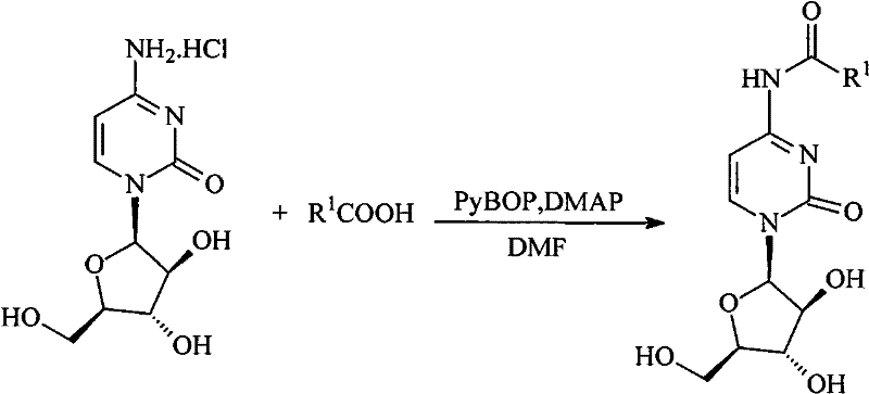 Synthetic route showing N4-acylation of cytarabine using PyBOP and DMAP followed by O5-phosphorylation