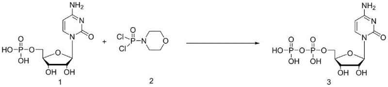 General reaction scheme for Cytidine Diphosphate synthesis showing condensation of cytidylic acid and dichlorophosphoryl morpholine