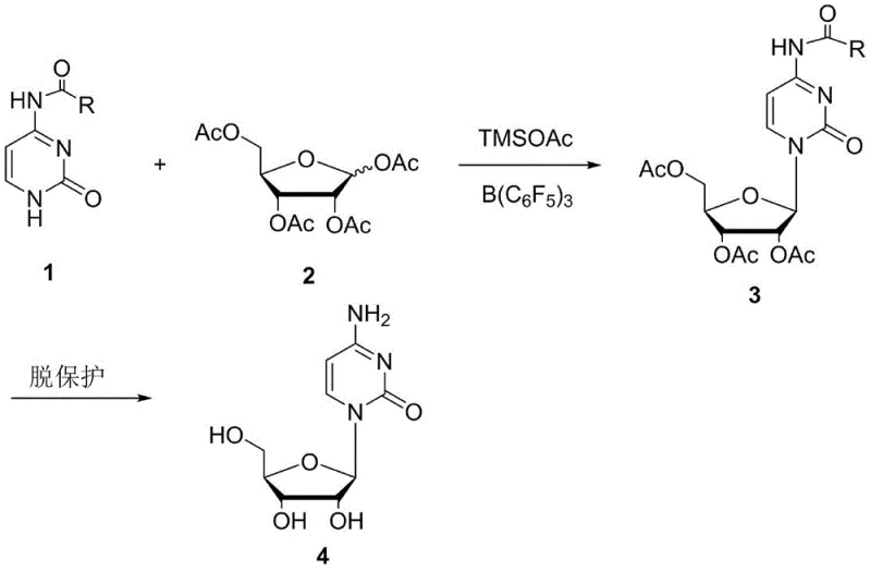Reaction scheme showing the condensation of N4-acylcytosine and tetraacetyl ribose catalyzed by TMSOAc and B(C6F5)3 to form acyl-protected cytidine, followed by deprotection to yield cytidine