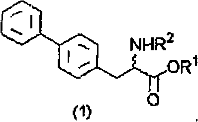General reaction scheme showing enzymatic hydrolysis of biphenylalanine ester (1) into L-salt (2') and D-ester (3)