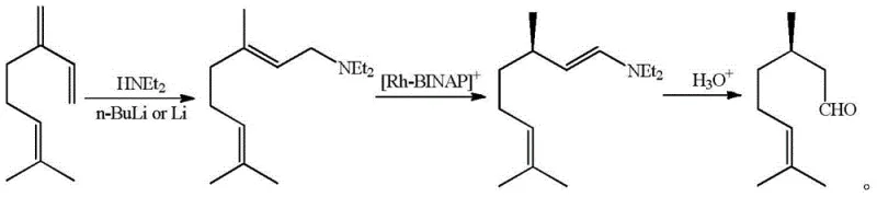 Conventional Takasago synthetic route for D-citronellal involving Rhodium catalysts