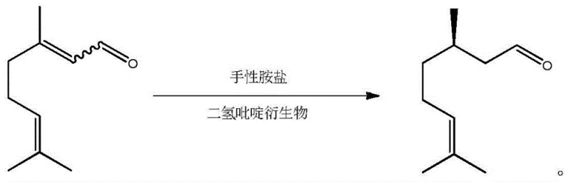 Core reaction scheme showing conversion of Citral to D-Citronellal using chiral amine salt