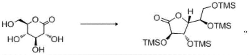 Chemical reaction scheme showing the silylation of D-glucolactone to form the TMS-protected intermediate using silane reagents and base
