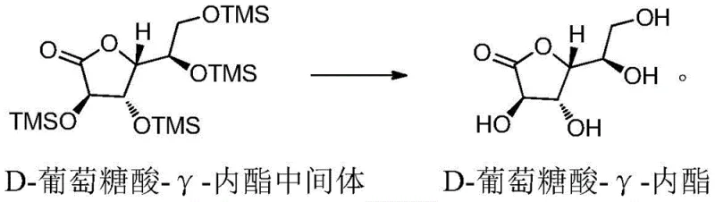 Chemical reaction scheme depicting the deprotection of the silylated intermediate to yield D-gluconic acid-gamma-lactone using fluoride or acid