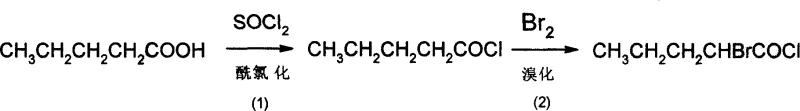 Reaction scheme showing acyl chlorination of n-pentanoic acid and subsequent alpha-bromination to form alpha-bromo-n-pentanoyl chloride