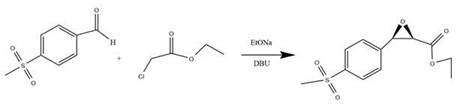 Reaction scheme showing the DBU-catalyzed formation of the chiral epoxide intermediate from p-methylsulfonylbenzaldehyde and ethyl chloroacetate
