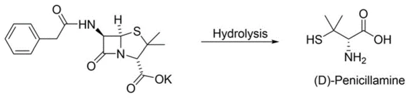 Traditional semi-synthesis of penicillamine via hydrolysis of penicillin G or V