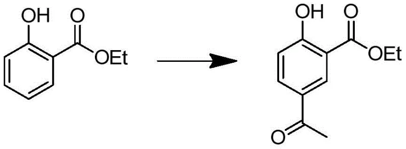 Reaction scheme showing Friedel-Crafts acylation of ethyl salicylate to ethyl 2-hydroxy-5-acetylbenzoate