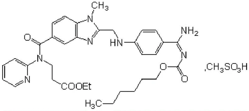 Chemical structural formula of dabigatran etexilate mesylate showing the benzimidazole core and ester side chains