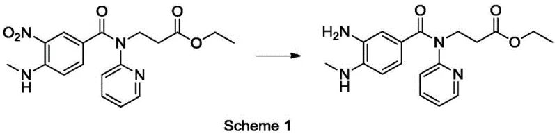 Chemical reaction scheme showing the reduction of nitro compound to amino intermediate using the novel catalyst