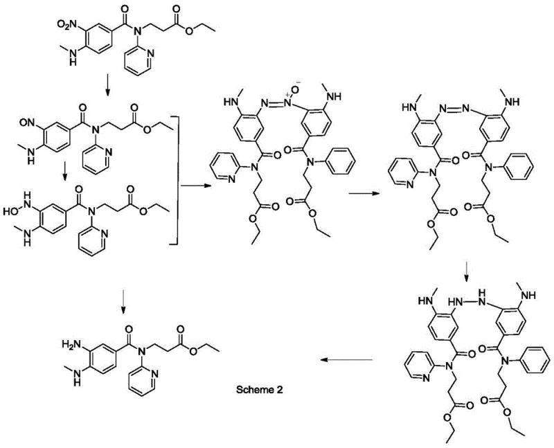 Reaction pathway diagram illustrating potential side reactions and impurity formation during nitro reduction