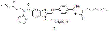 Chemical structure of Dabigatran Etexilate Formula I showing the complex benzimidazole and amidino moieties